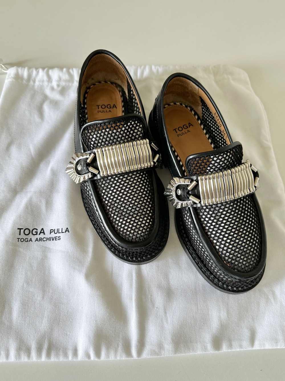 TOGA Pulla Black Mesh and Leather Loafers Silver Hardware Size 35